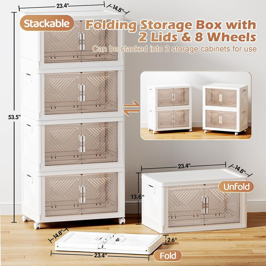 PRVAETU Storage Bins Storage Containers with Wheels and Magnetic Doors, Plastic Clothes Closet Organizers and Storage Box for Home and Office