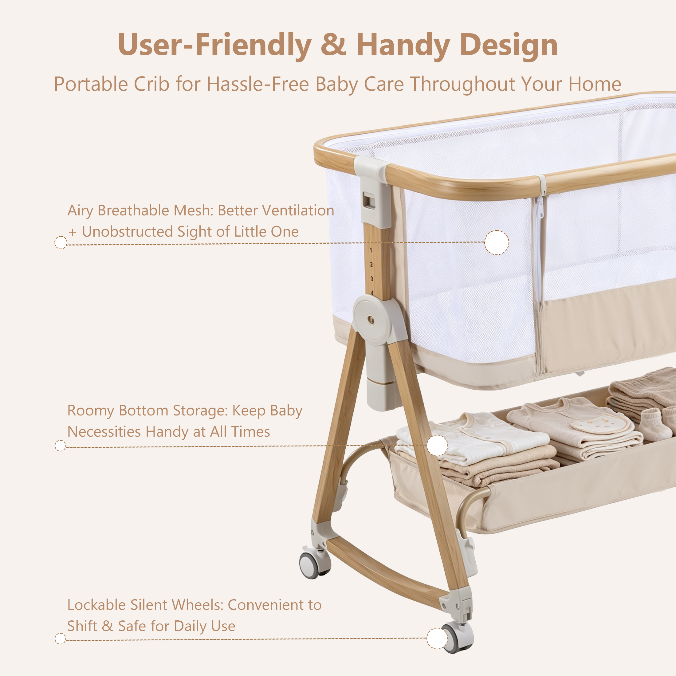 PRVAETU Baby Bassinet Bedside Sleeper, 6-Level Height Adjustable Bedside Crib with 360° Silent Lockable Wheels, Portable Bassinet for Newborns and Infants