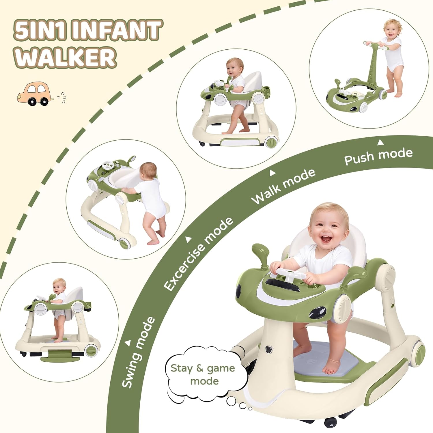 PRVAETU 5 in 1 Baby Walker for Boys Girls,Foldable,Music,Light,Jumper,Rocking,Push,Height Adjustable Training Activity for Babies Infant 6-18 Months