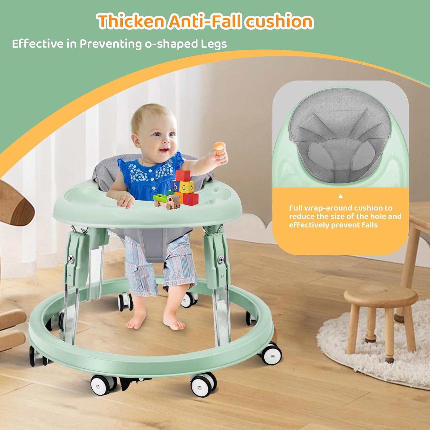 PRVAETU Foldable Baby Walker Activity Center W/ Wheels,Height Adjustable W/ Dinner Plate & Foot Pad for 6-18 Months Babies Infant Boys Girls