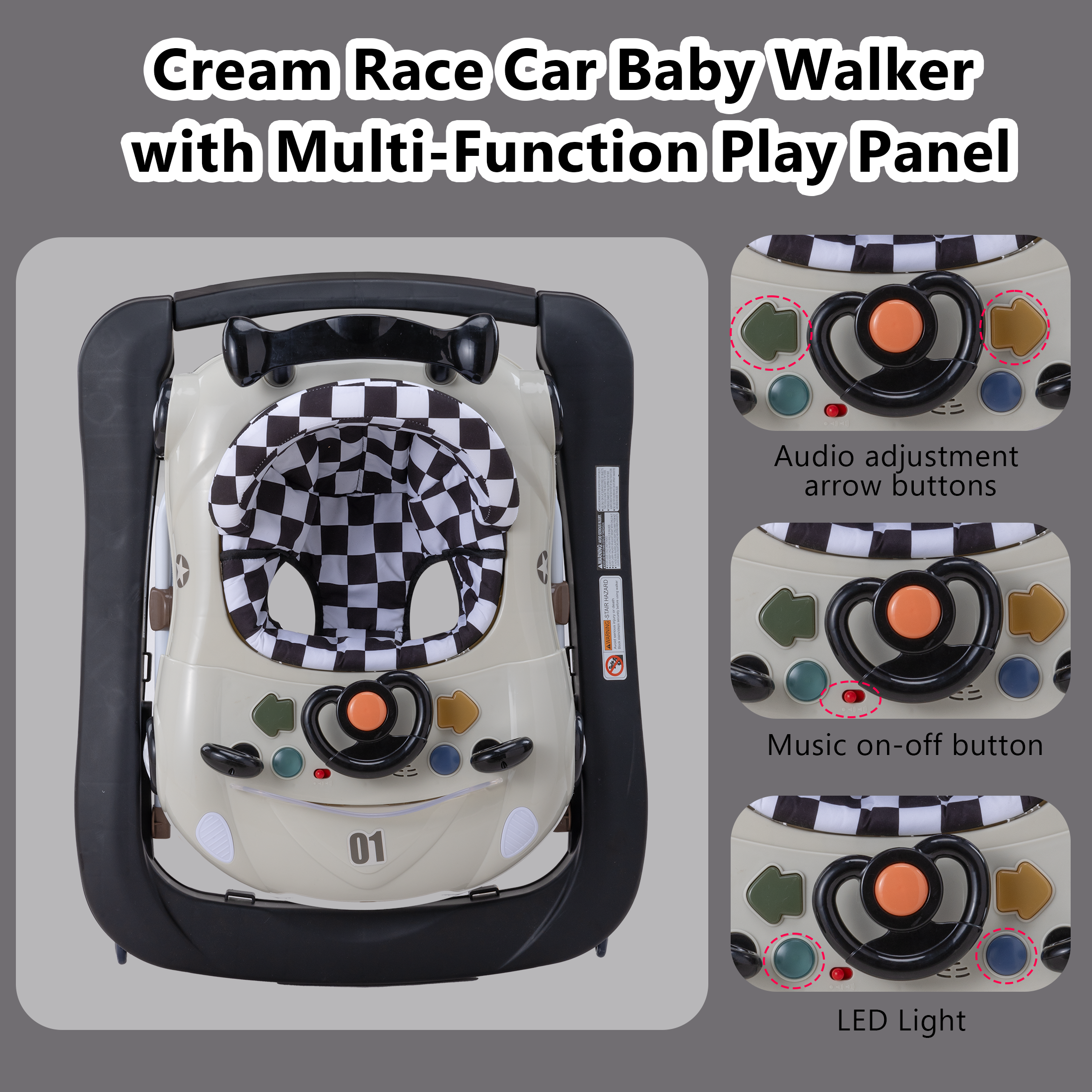 PRVAETU 5 in 1 Baby Walker Car-Shaped with Music,Lights,Foldable,Jumper,Rocking,Removable Plate for Infant Boys 6-18 Months