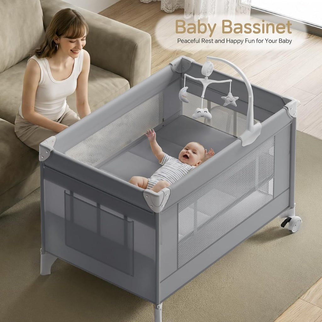 PRVAETU 4 in 1 Baby Bassinet for Baby, Bedside Bassinet & Crib Sleeper with Wheels, Diaper Changer, Mattress, Foldable Design for Newborn to Toddler
