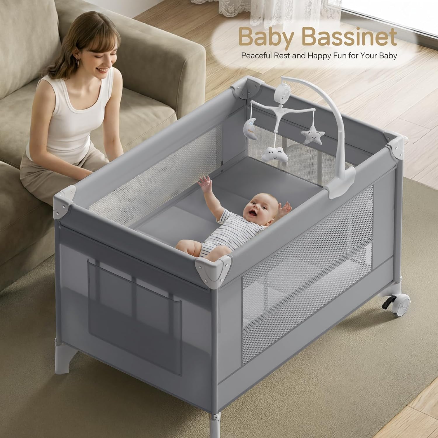 PRVAETU 4 in 1 Baby Bassinet for Baby, Bedside Bassinet & Crib Sleeper with Wheels, Diaper Changer, Mattress, Foldable Design for Newborn to Toddler