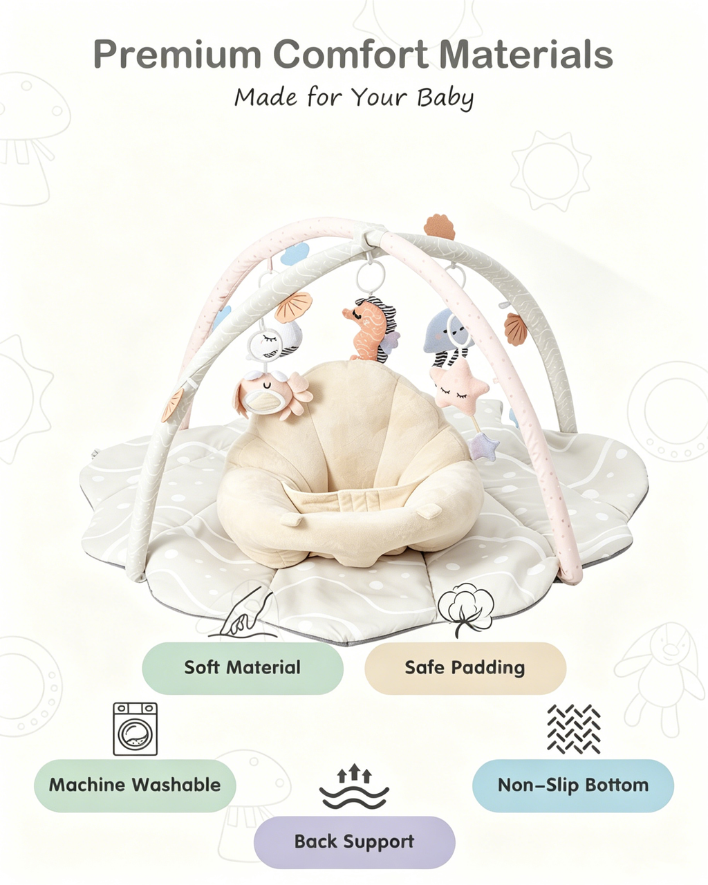 PRVAETU Baby Gym Playmat,Tummy Time Mat,Sit &amp;Play Activity Mat with 6 Detachable Toys,Washable Baby Mat &amp; Toys,Baby Gift for 0-18 Months