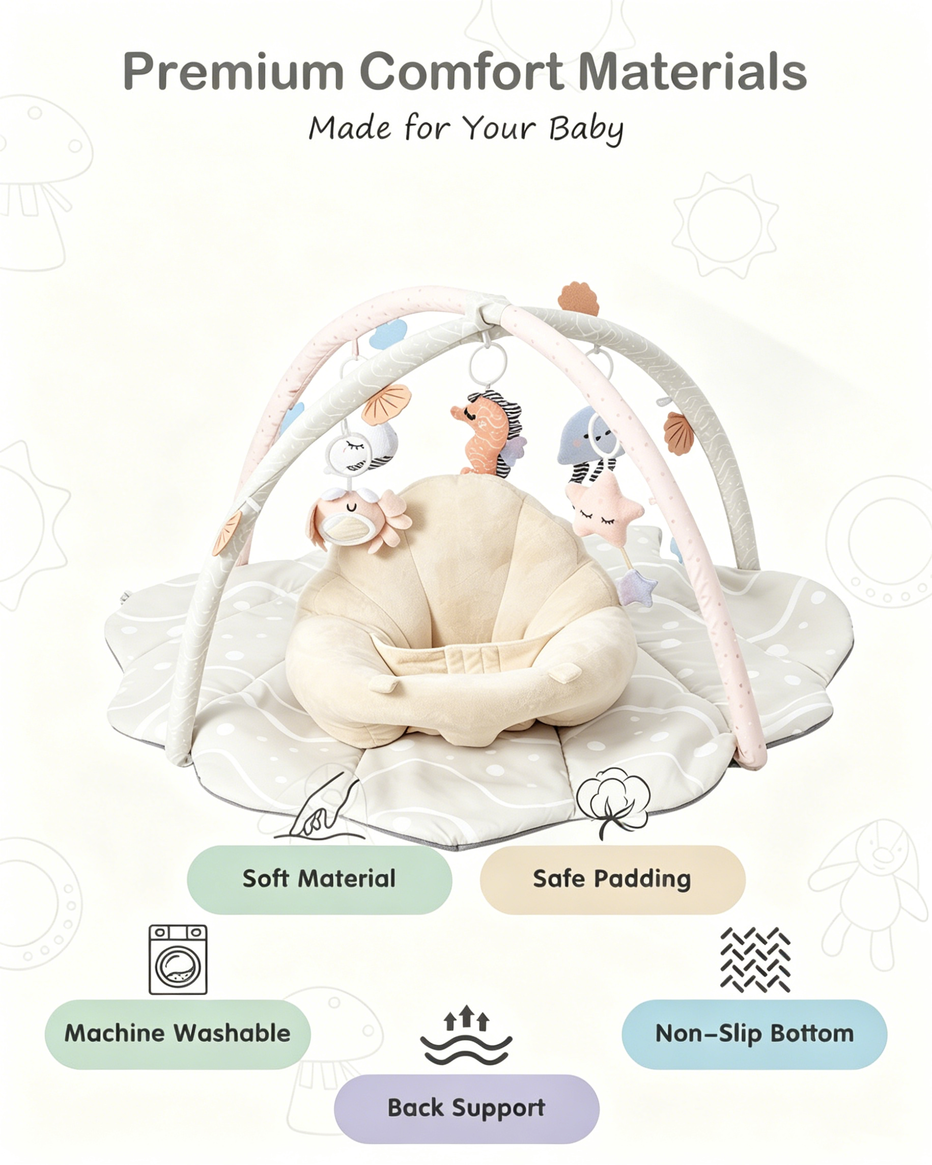 PRVAETU Baby Gym Playmat,Tummy Time Mat,Sit &amp;Play Activity Mat with 6 Detachable Toys,Washable Baby Mat &amp; Toys,Baby Gift for 0-18 Months