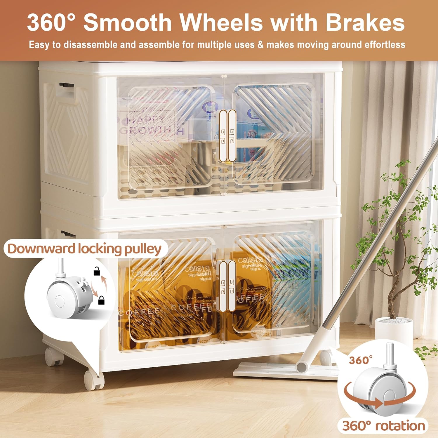 PRVAETU Storage Bins Storage Containers with Wheels and Magnetic Doors, Plastic Clothes Closet Organizers and Storage Box for Home and Office