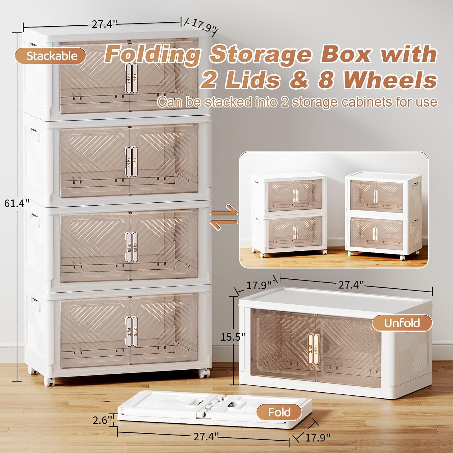 PRVAETU Storage Bins Storage Containers with Wheels and Magnetic Doors, Plastic Clothes Closet Organizers and Storage Box for Home and Office