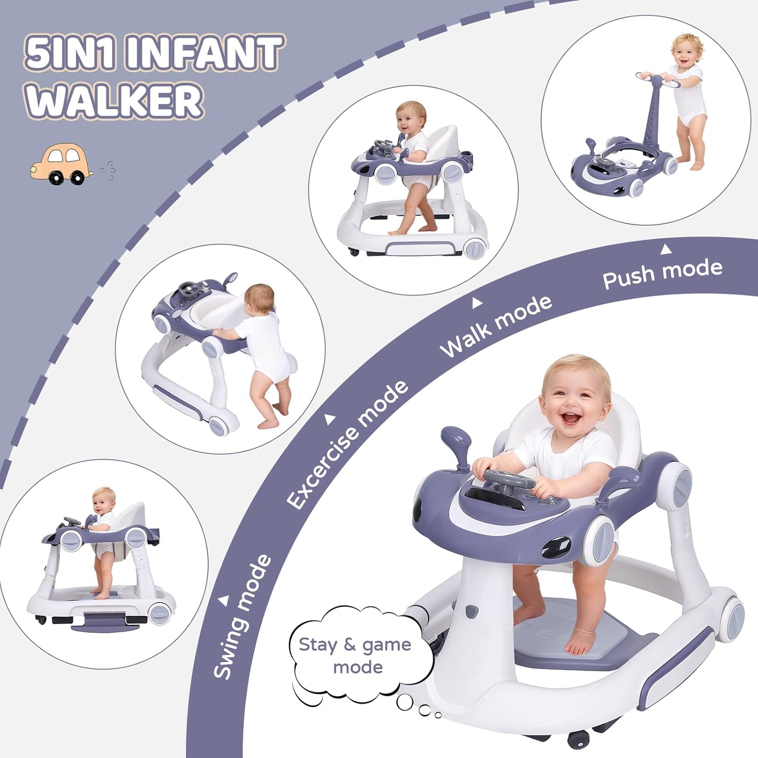PRVAETU 5 in 1 Baby Walker for Boys Girls,Foldable,Music,Light,Jumper,Rocking,Push,Height Adjustable Training Activity for Babies Infant 6-18 Months