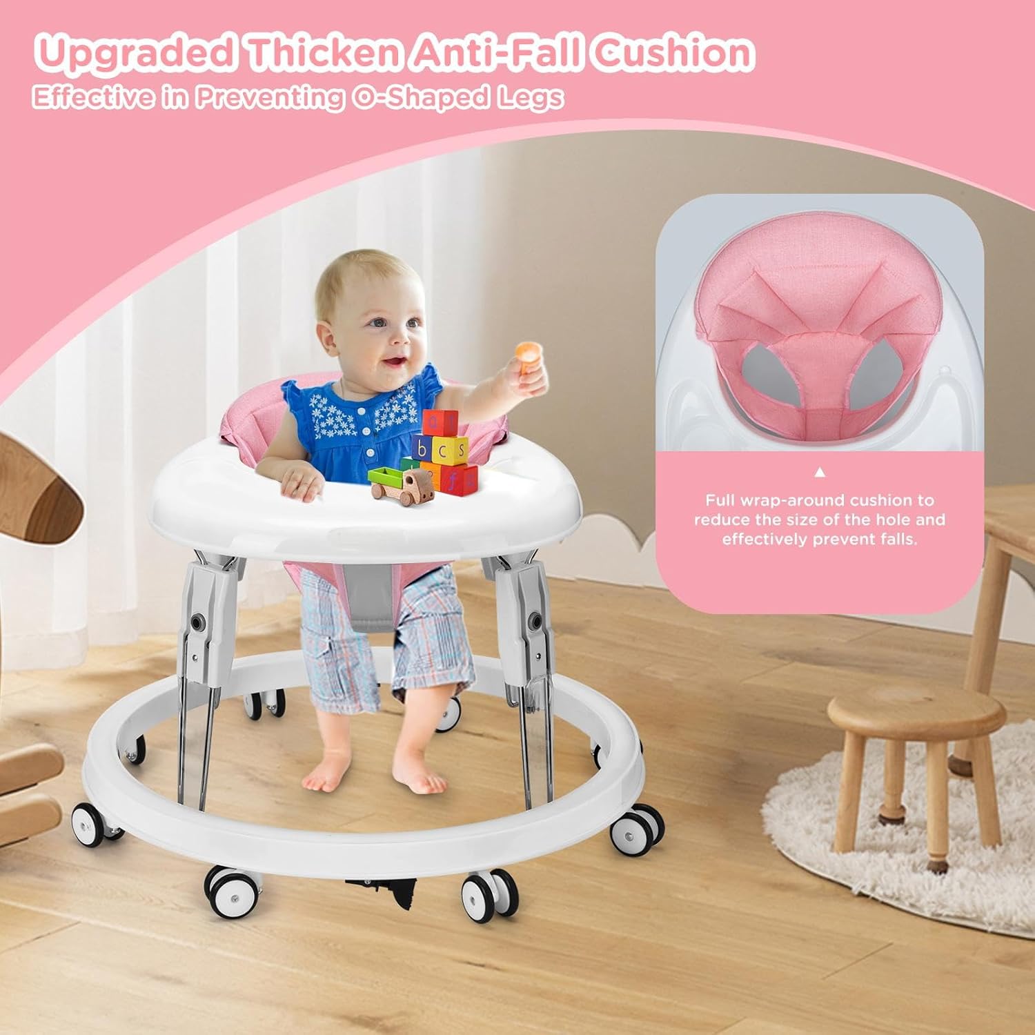PRVAETU Foldable Baby Walker Activity Center W/ Wheels,Height Adjustable W/ Dinner Plate & Foot Pad for 6-18 Months Babies Infant Boys Girls