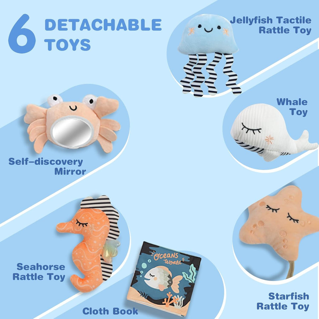 PRVAETU Baby Play Gym Mat, Oversize Tummy Time Activity Mat with 6 Detachable Toys for Infant 0-12 Months Sensory Exploration Skill Development
