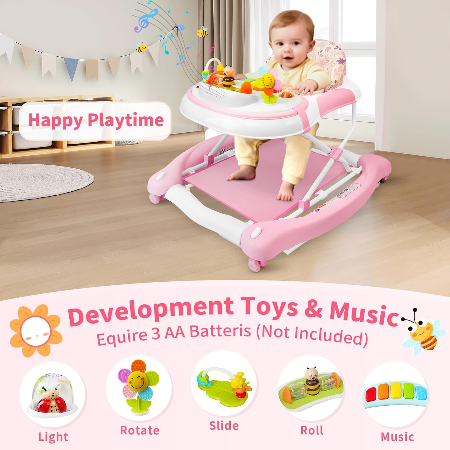 PRVAETU 5 in 1 Baby Walker (Walk,Jumper,Rocking,Push,Eating Mode) for Boys Girls,Foldable,Music & Light,Height Adjustable,Wheels for Infant Babies