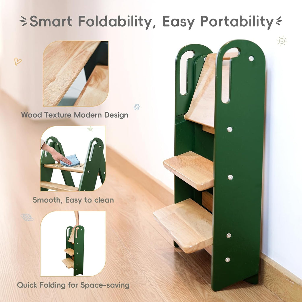 PRVAETU 3 layer Wooden Toddler Step Stool for Bathroom Sink, Foldable Kids Toilet Potty Training Stool with Handles, Child Kitchen Counter Tower Helper