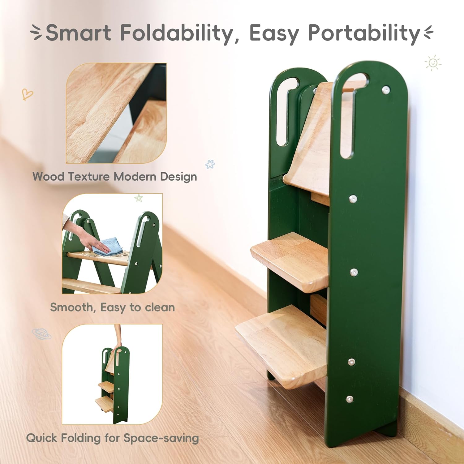 PRVAETU 3 layer Wooden Toddler Step Stool for Bathroom Sink, Foldable Kids Toilet Potty Training Stool with Handles, Child Kitchen Counter Tower Helper