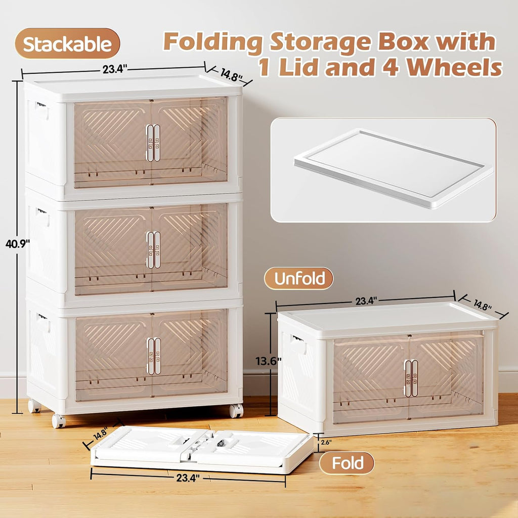 PRVAETU Storage Bins Storage Containers with Wheels and Magnetic Doors, Plastic Clothes Closet Organizers and Storage Box for Home and Office