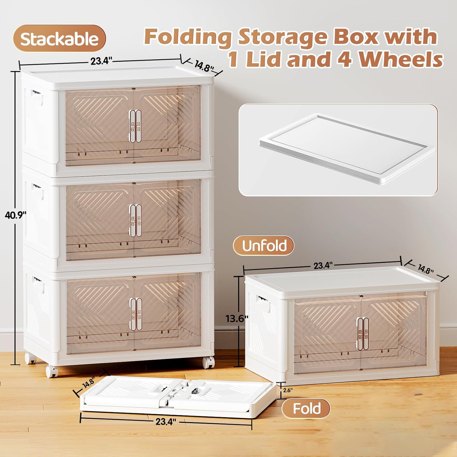 PRVAETU Storage Bins Storage Containers with Wheels and Magnetic Doors, Plastic Clothes Closet Organizers and Storage Box for Home and Office
