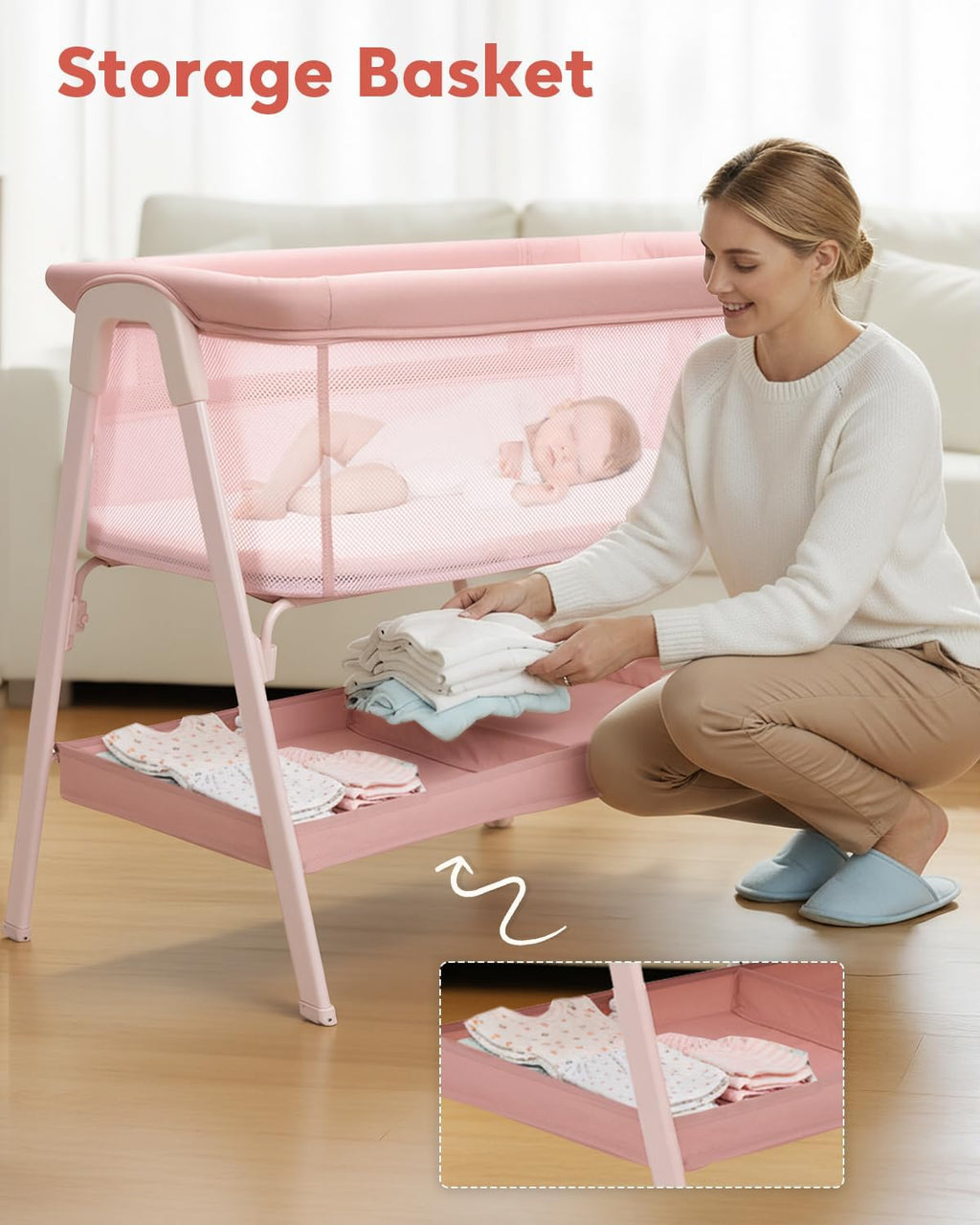 PRVAETU Baby Bassinet, Bedside Bassinet for Baby, Bassinet Bedside Sleeper with Mattress, Storage Basket and 4 Auto-Lock Wheels, Full-Mesh Sides, Bedside Crib for Newborn