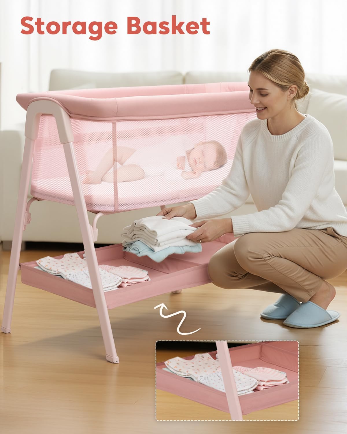 PRVAETU Baby Bassinet, Bedside Bassinet for Baby, Bassinet Bedside Sleeper with Mattress, Storage Basket and 4 Auto-Lock Wheels, Full-Mesh Sides, Bedside Crib for Newborn