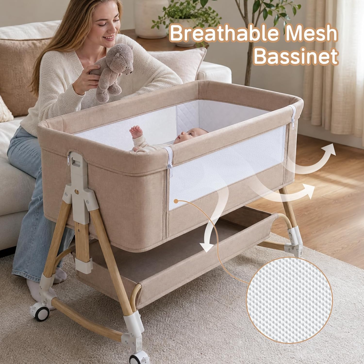 PRVAETU Baby Bassinet, 3-in-1 Baby Bassinet Bedside Sleeper with Wheels, Adjustable Easy Folding Portable Rocking Crib for Infant Newborn (Khaki)
