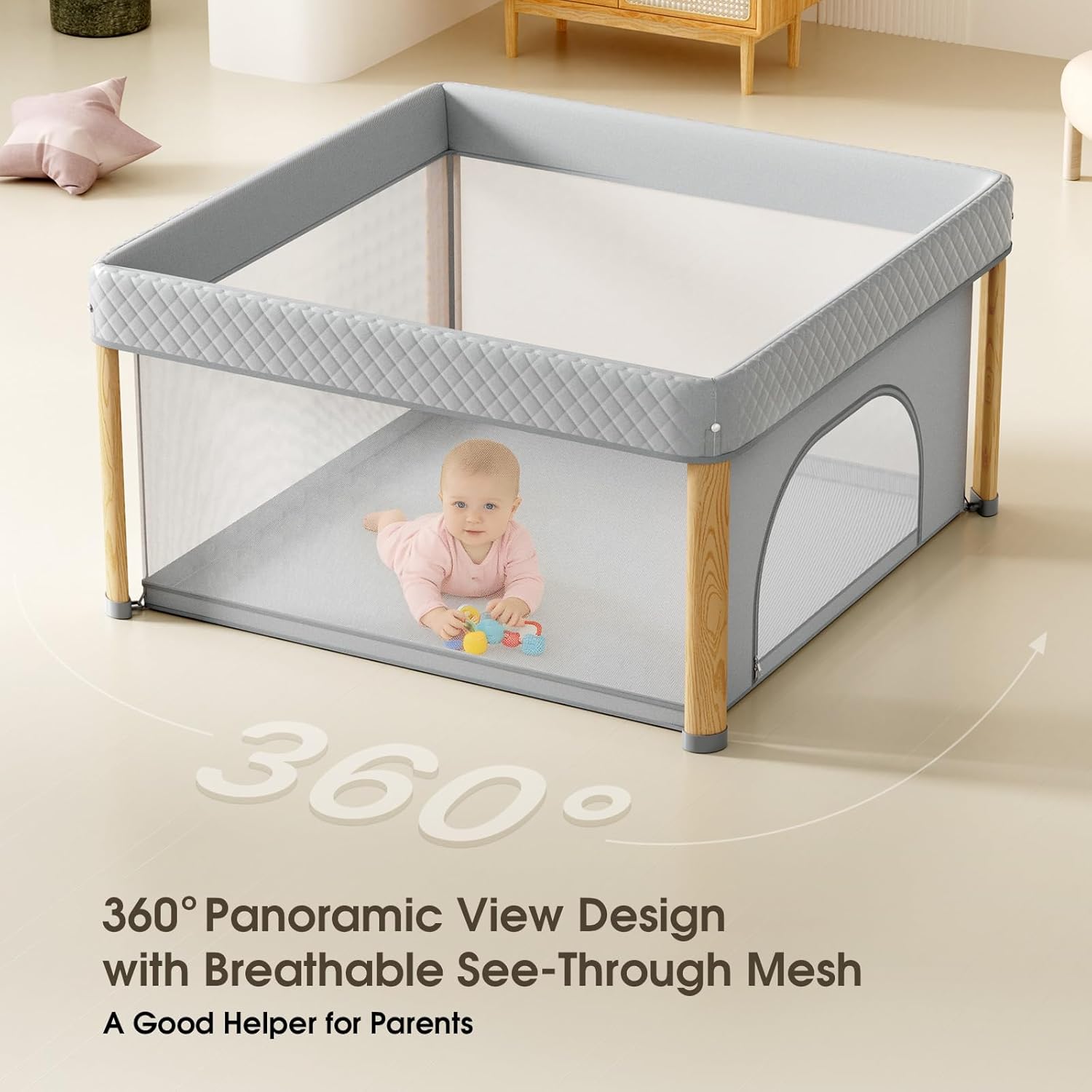 PRVAETU One Step Foldable Playpen with Mat for Babies Boys & Girls, Large Playard with Storage Bag for Infant Toddler Indoor Outdoor Use