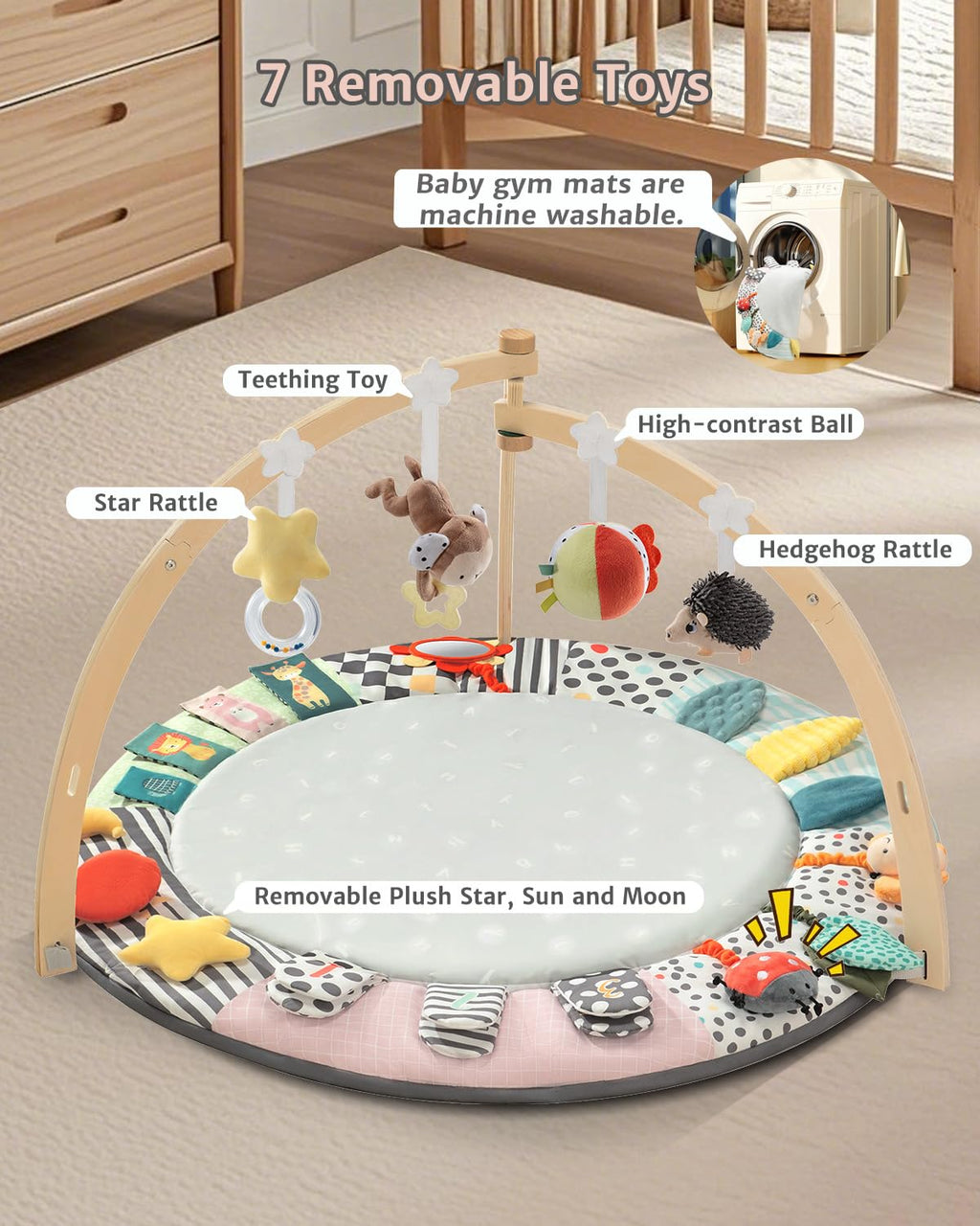 PRVAETU Wooden Baby Gym Play Mat, Foldable Tummy Time Playmat W/ 7 Detachable Toys for Infant Newborn Toddler Motor Skills Sensory Development