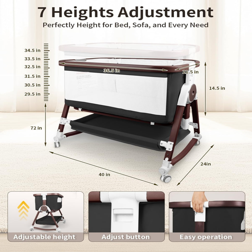PRVAETU 4 in 1 Baby Bassinet Bedside Sleeper W/ Wheels,Storage Basket,Adjustable 7 Heights,Mosquito Net,Breathable Mesh Cradle for Infants Toddler