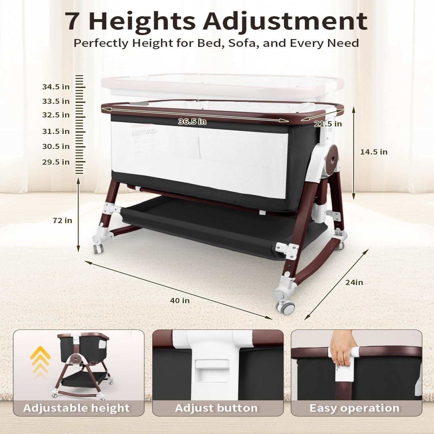 PRVAETU 4 in 1 Baby Bassinet Bedside Sleeper W/ Wheels,Storage Basket,Adjustable 7 Heights,Mosquito Net,Breathable Mesh Cradle for Infants Toddler