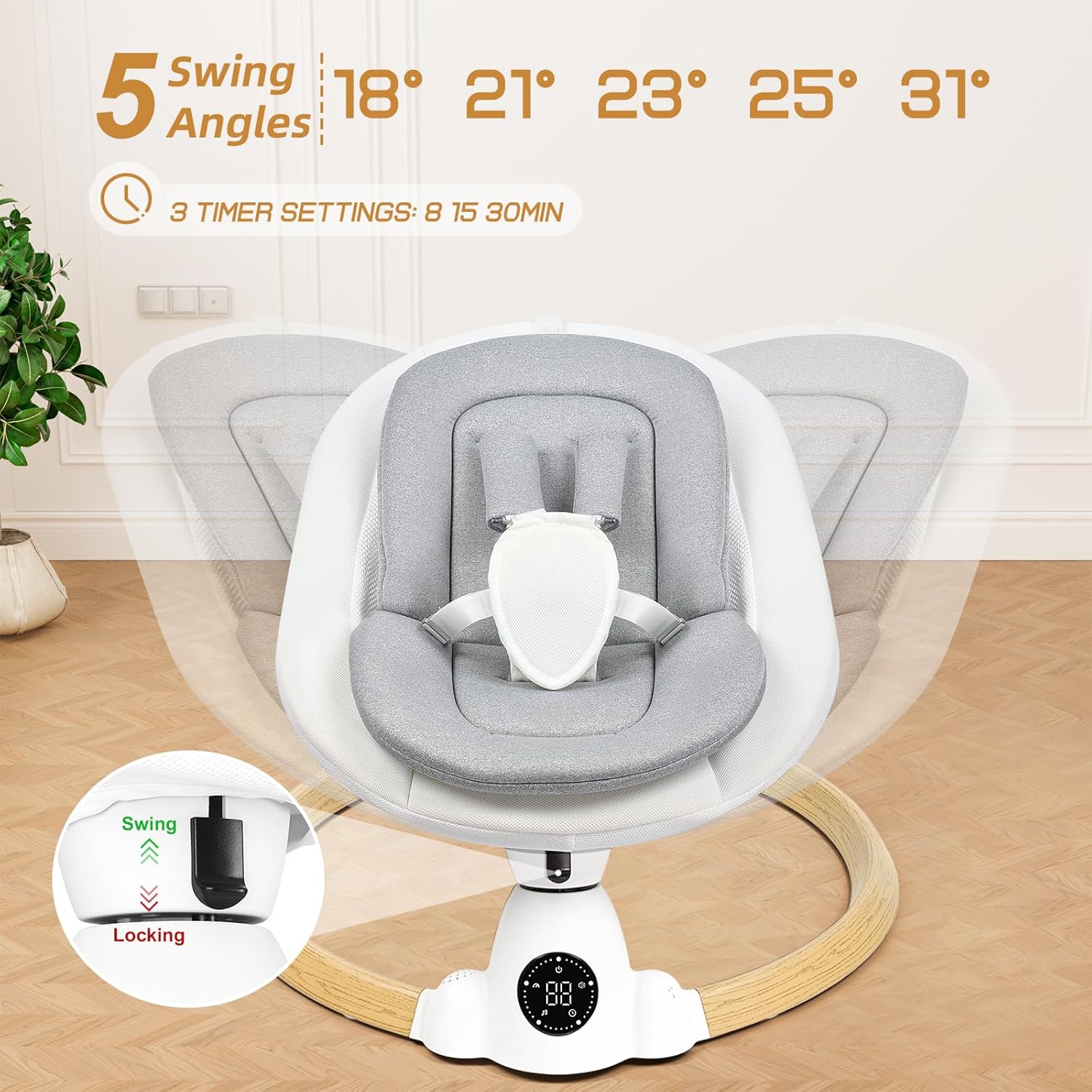 PRVAETU Portable Electric Baby Swing for Infants Toddler, 5 Speed, 10 Lullabies, 5-Point Harness, Remote Control