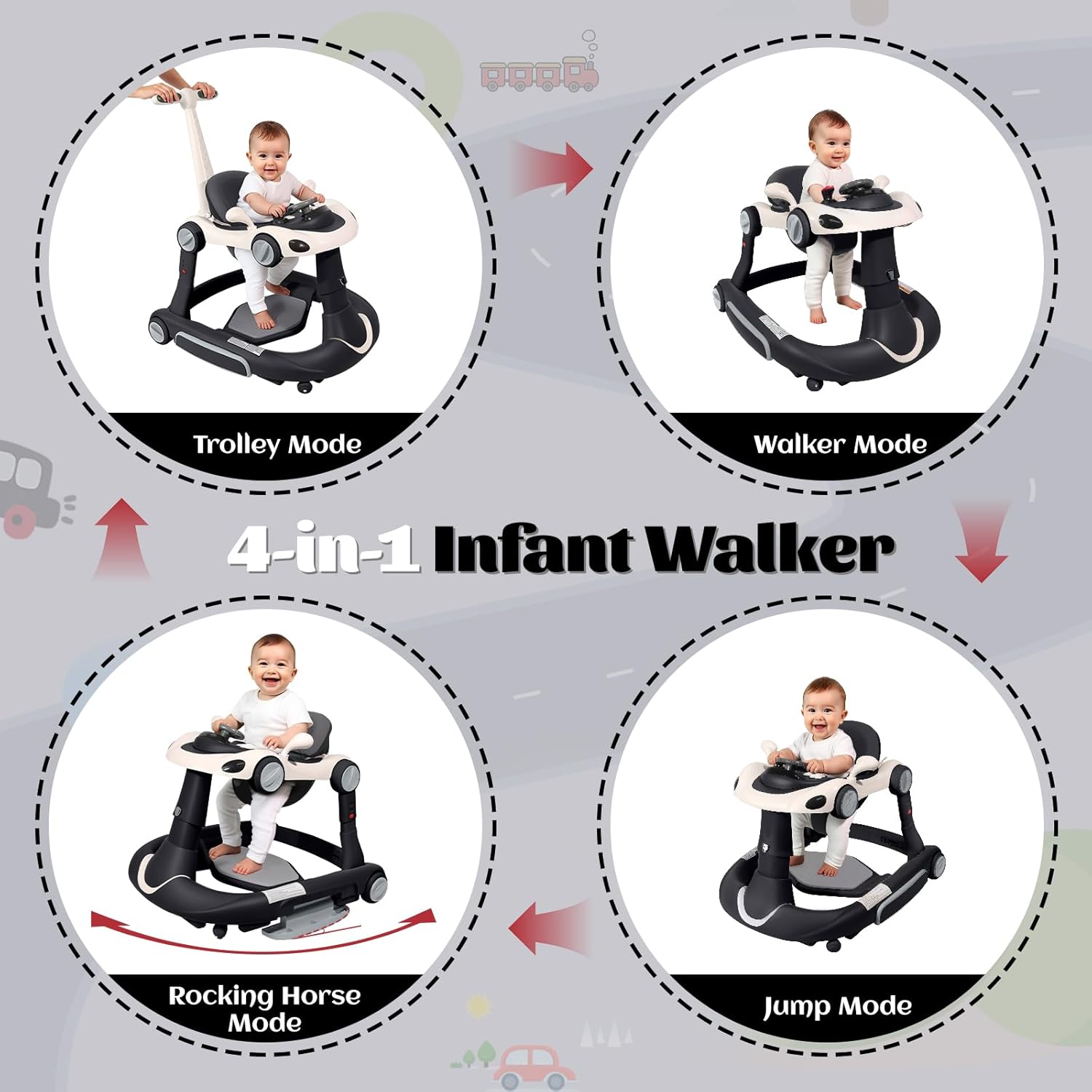 PRVAETU 5 in 1 Baby Walker for Boys Girls,Foldable,Music,Light,Jumper,Rocking,Push,Height Adjustable Training Activity for Babies Infant 6-18 Months