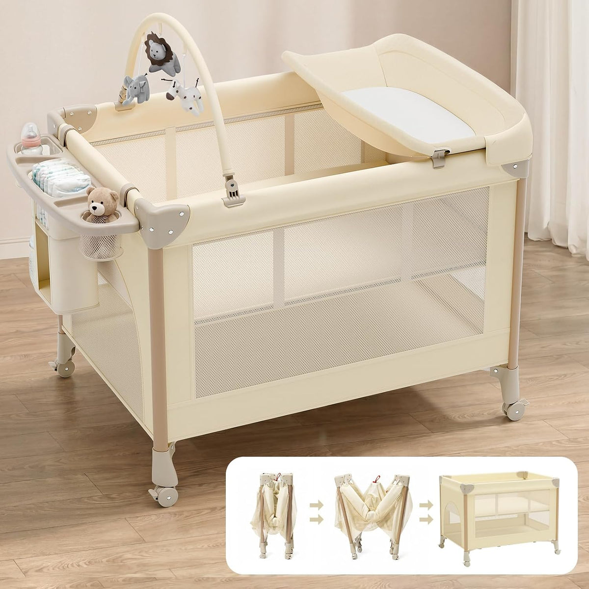 PRVAETU 4 in 1 Baby Playard with Changing Table & Mattress & 4 Movable Wheels & Toy Bar & Storage Bag, Bedside Bassinet Sleeper for Newborn