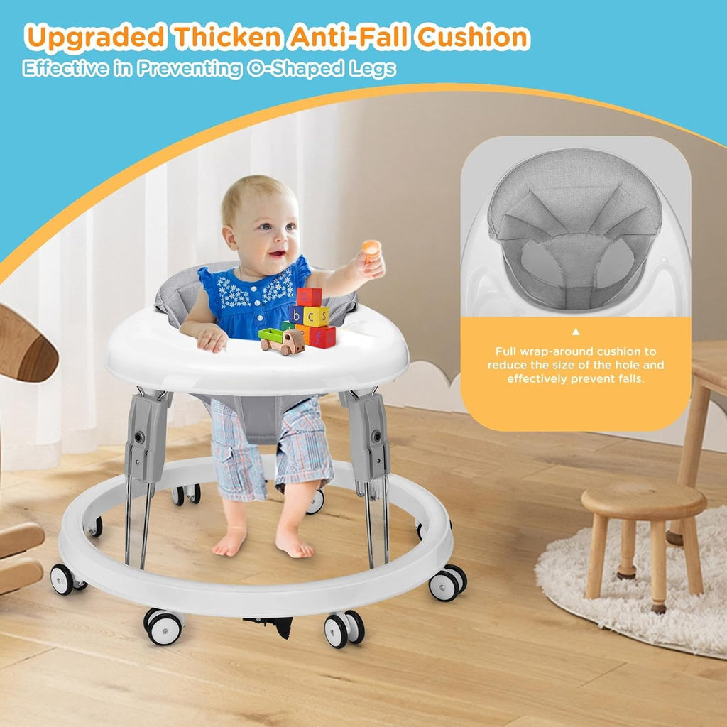 PRVAETU Foldable Baby Walker Activity Center W/ Wheels,Height Adjustable W/ Dinner Plate & Foot Pad for 6-18 Months Babies Infant Boys Girls