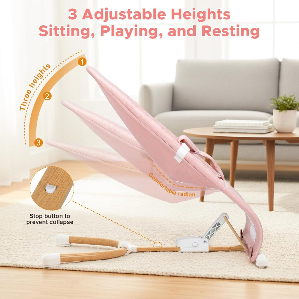 PRVAETU 3 in 1 Baby Bouncer (Sit, Play & Relax),3 Recline Positions,Foldable Baby Rocker Chair W/ Removable Wooden Bar for 0-12 Months Infant & Toddler