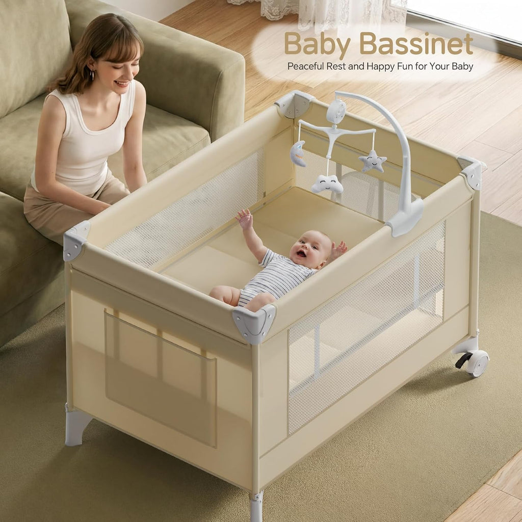 PRVAETU 4 in 1 Baby Bassinet for Baby, Bedside Bassinet & Crib Sleeper with Wheels, Diaper Changer, Mattress, Foldable Design for Newborn to Toddler