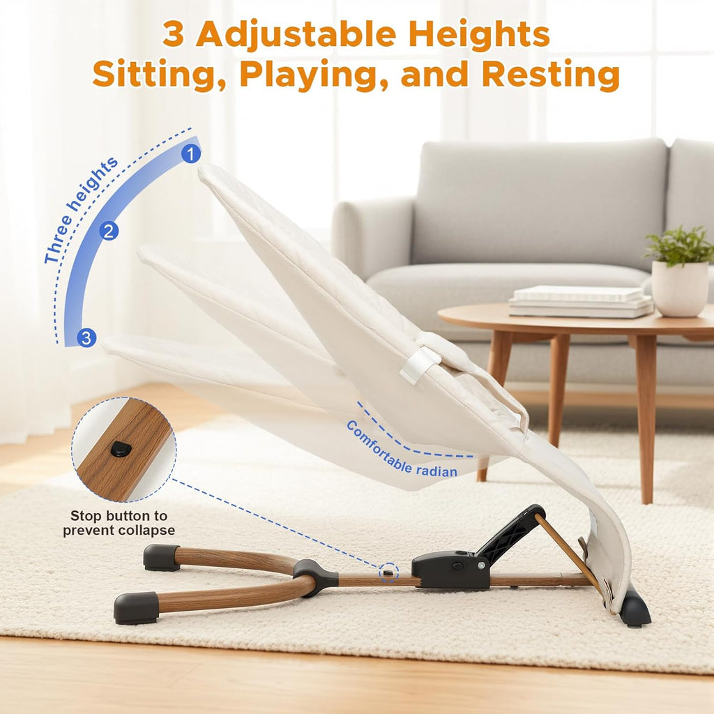 PRVAETU 3 in 1 Baby Bouncer (Sit, Play & Relax),3 Recline Positions,Foldable Baby Rocker Chair W/ Removable Wooden Bar for 0-12 Months Infant & Toddler