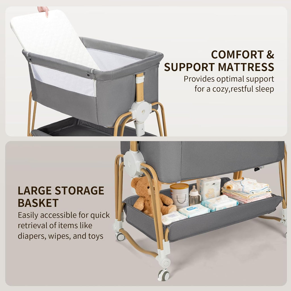PRVAETU 4-in-1 Baby Bassinet & Bedside Sleeper for Babies, 7-Level Height Adjustable, Wheels with Storage Basket, Breathable Mesh,White