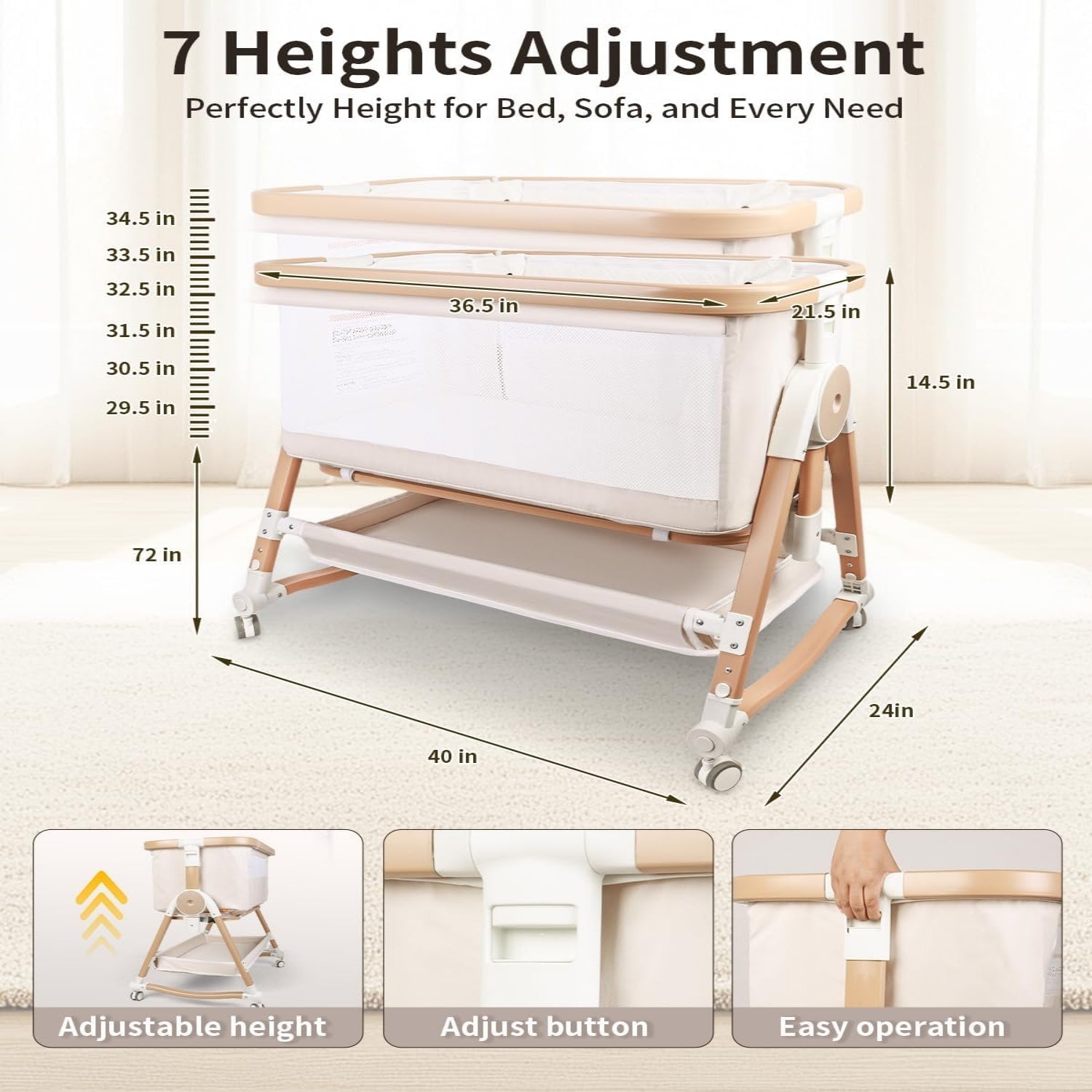 PRVAETU 4 in 1 Baby Bassinet Bedside Sleeper W/ Wheels,Storage Basket,Adjustable 7 Heights,Mosquito Net,Breathable Mesh Cradle for Infants Toddler