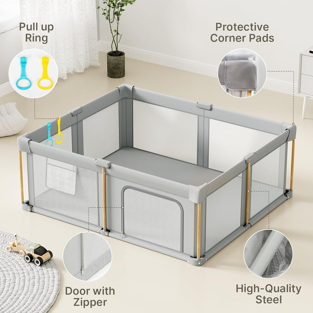 PRVAETU Foldable Baby Playpen with Mat, Play Yard Fence for Babies Boys Girls Toddlers, Large Playard W/ 300D Fabric for Infant and Kids