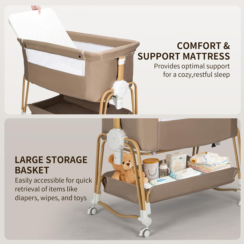 PRVAETU 4-in-1 Baby Bassinet & Bedside Sleeper for Babies, 7-Level Height Adjustable, Wheels with Storage Basket, Breathable Mesh,White