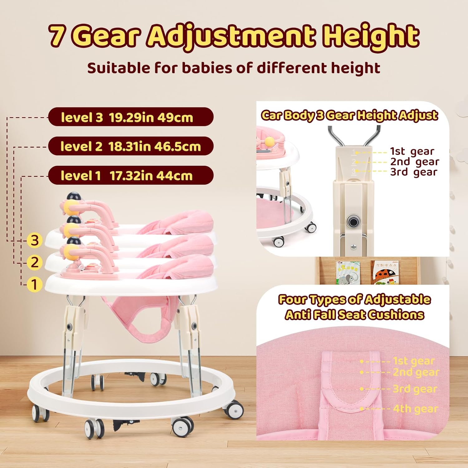 PRVAETU Foldable Baby Walker Activity Center W/ Wheels,Height Adjustable,Music Toy & Foot Pad for 6-18 Months Babies Infant Boys Girls