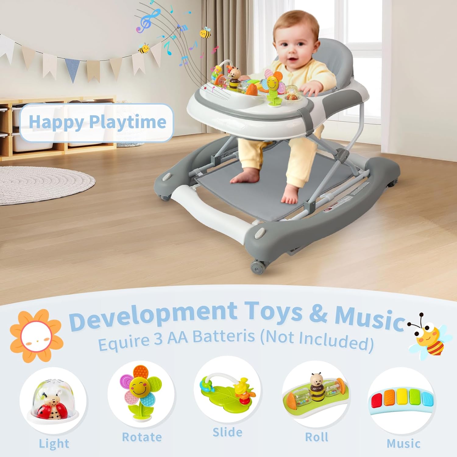 PRVAETU 5 in 1 Baby Walker (Walk,Jumper,Rocking,Push,Eating Mode) for Boys Girls,Foldable,Music & Light,Height Adjustable,Wheels for Infant Babies