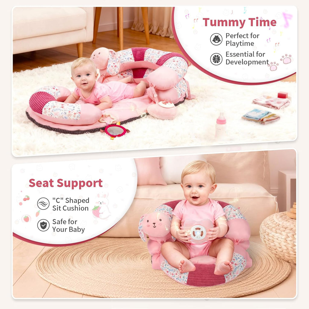 PRVAETU 2in1 Tummy Time & Seat Support Baby Play Mat with 5 Sensory Toys, Baby Floor Seat for Sitting, Soft, Supportive, Essentials Development Gifts for Newborn Infant