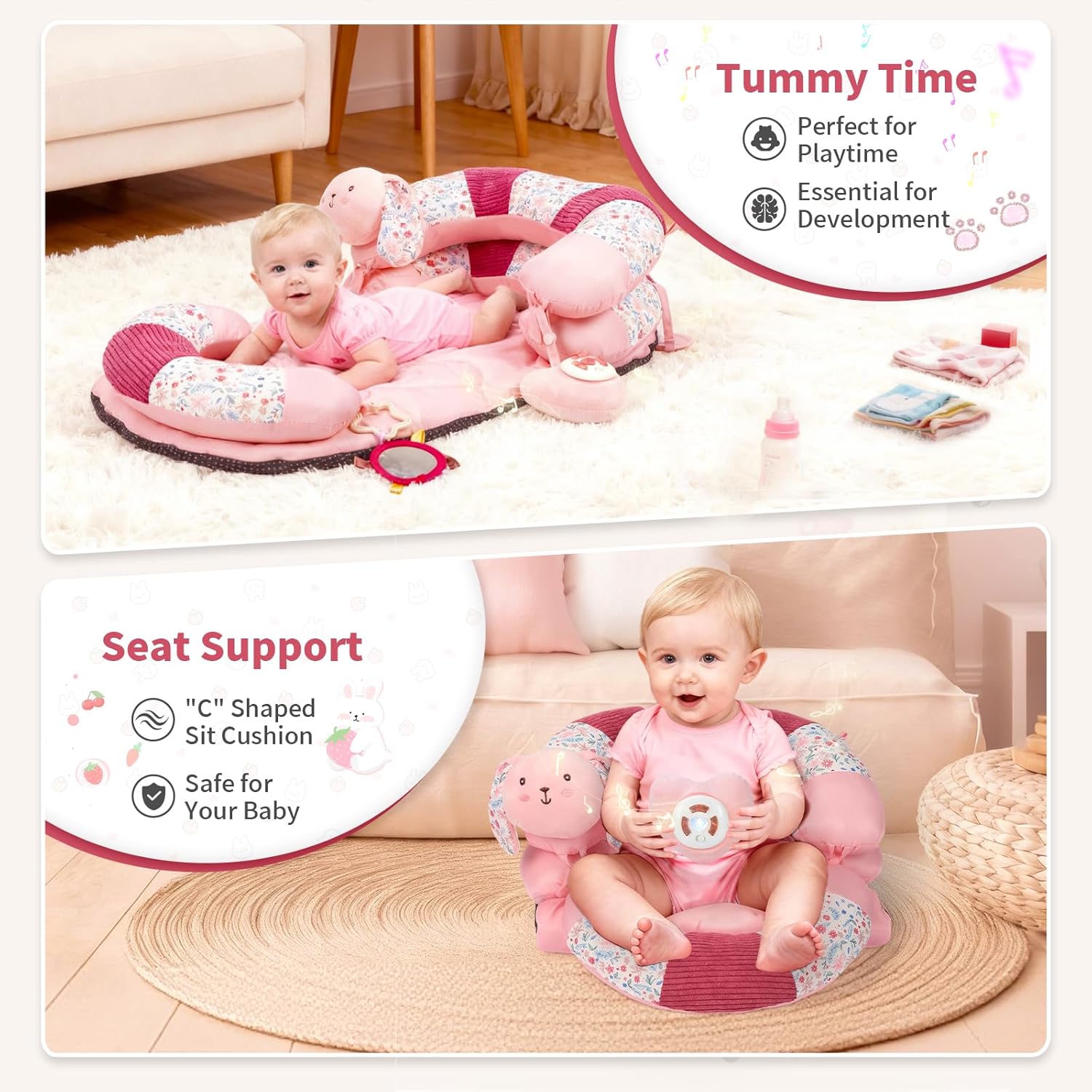 PRVAETU 2in1 Tummy Time & Seat Support Baby Play Mat with 5 Sensory Toys, Baby Floor Seat for Sitting, Soft, Supportive, Essentials Development Gifts for Newborn Infant