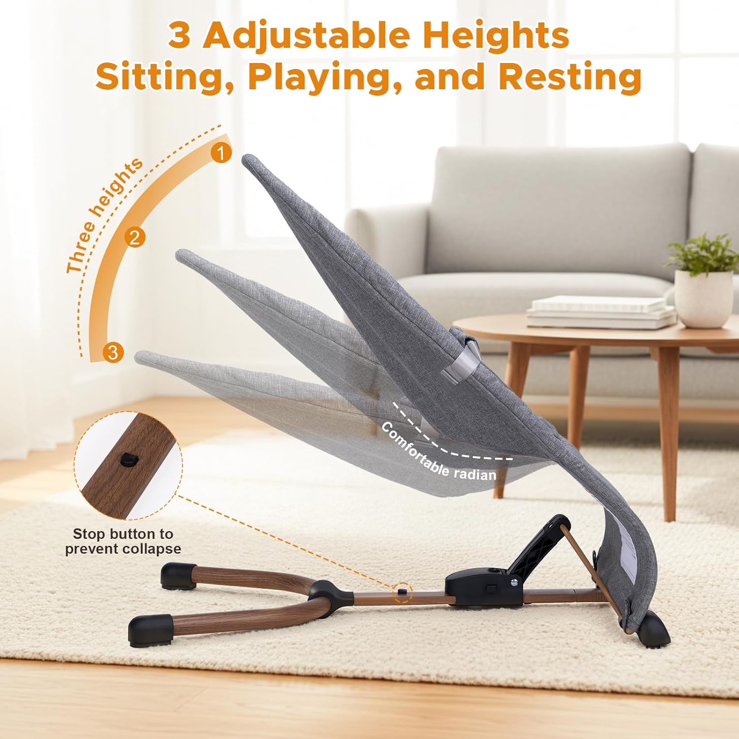 PRVAETU 3 in 1 Baby Bouncer (Sit, Play & Relax),3 Recline Positions,Foldable Baby Rocker Chair W/ Removable Wooden Bar for 0-12 Months Infant & Toddler