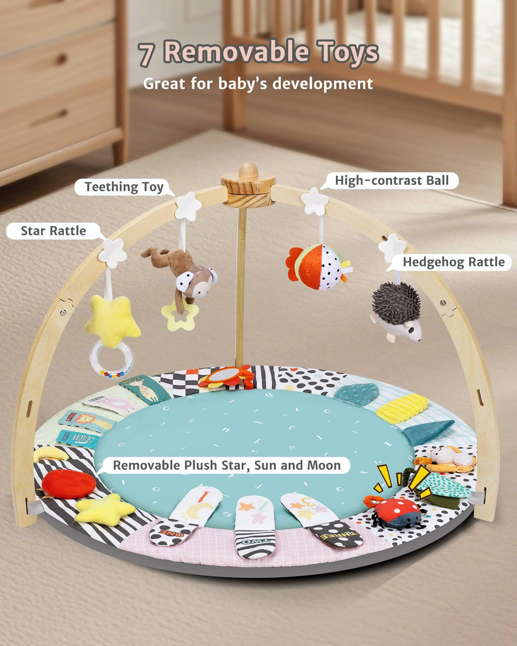 PRVAETU Wooden Baby Gym Play Mat, Foldable Tummy Time Playmat W/ 7 Detachable Toys for Infant Newborn Toddler Motor Skills Sensory Development