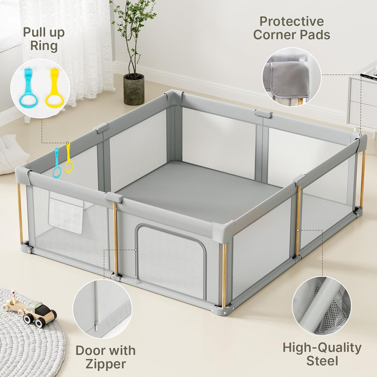 PRVAETU Foldable Baby Playpen with Mat, Play Yard Fence for Babies Boys Girls Toddlers, Large Playard W/ 300D Fabric for Infant and Kids