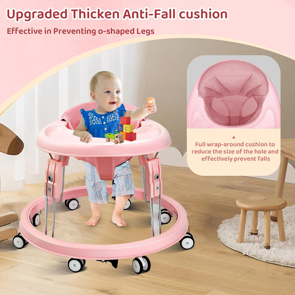 PRVAETU Foldable Baby Walker Activity Center W/ Wheels,Height Adjustable W/ Dinner Plate & Foot Pad for 6-18 Months Babies Infant Boys Girls
