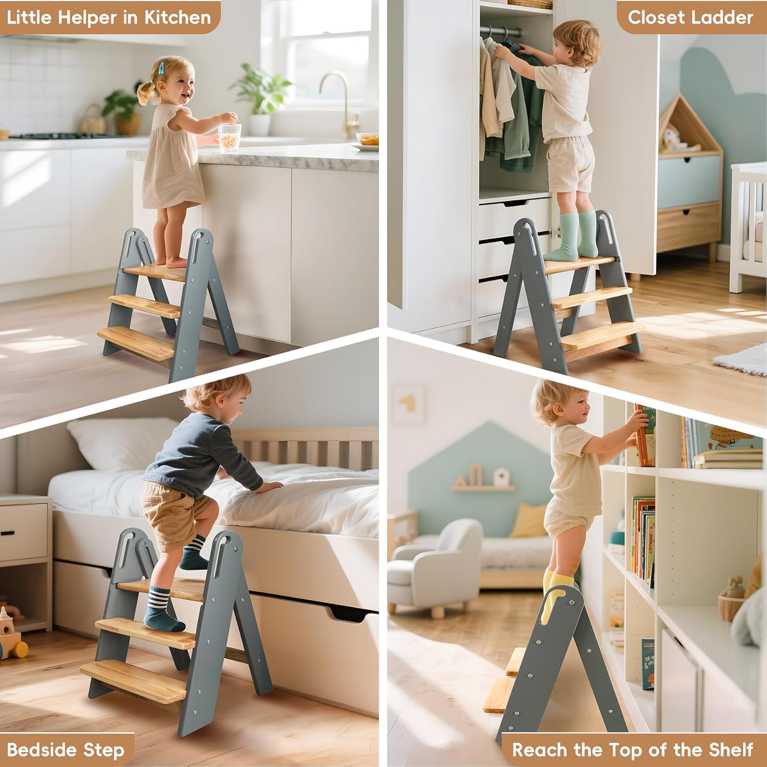 PRVAETU 3 layer Wooden Toddler Step Stool for Bathroom Sink, Foldable Kids Toilet Potty Training Stool with Handles, Child Kitchen Counter Tower Helper