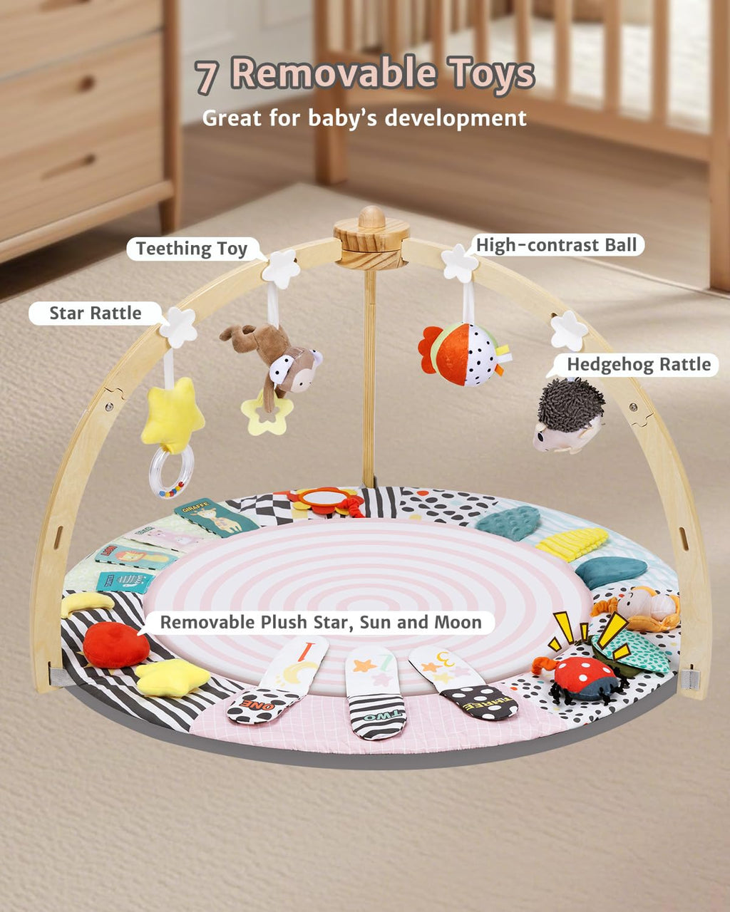 PRVAETU Wooden Baby Gym Play Mat, Foldable Tummy Time Playmat W/ 7 Detachable Toys for Infant Newborn Toddler Motor Skills Sensory Development