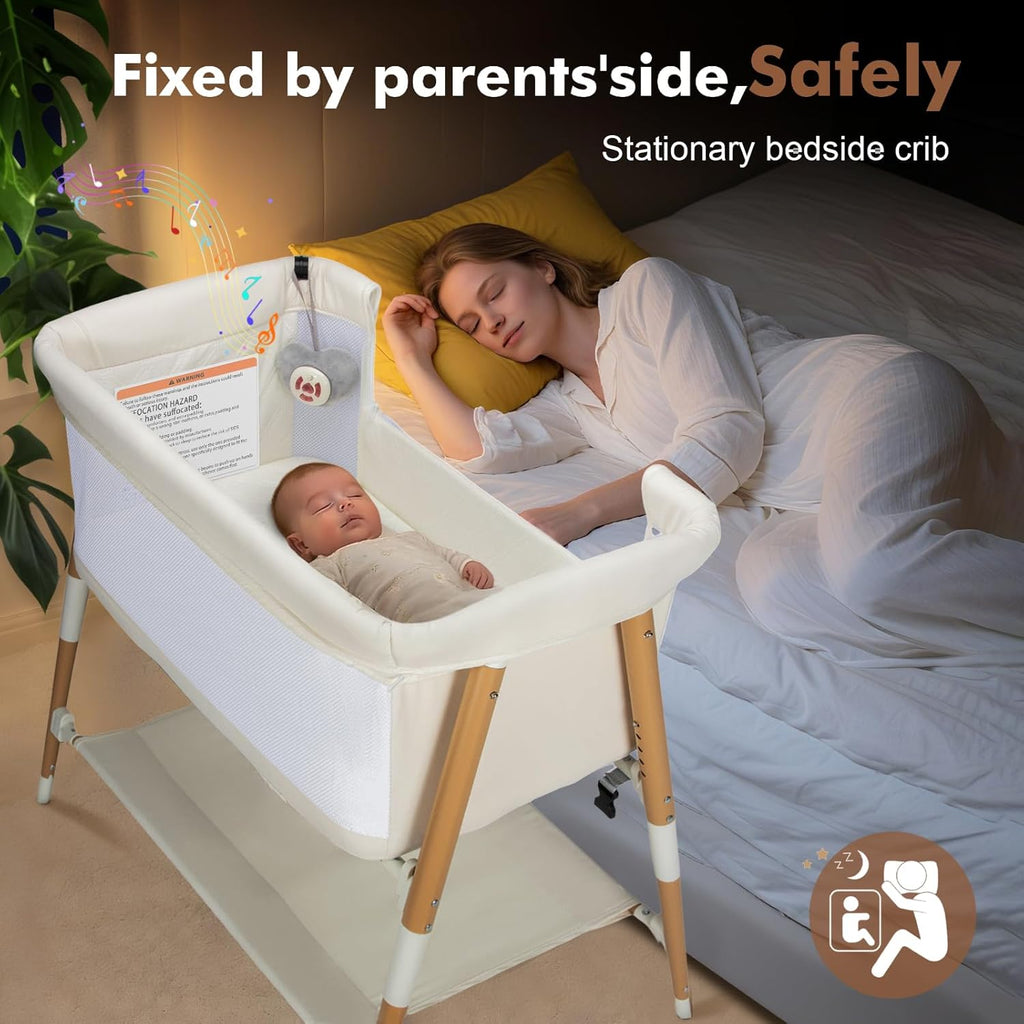 PRVAETU 3 in 1 Bassinet Bedside Sleeper for Baby,Infant Bassinet W/ Music Toy,4 Wheels,Adjustable 5 Height,Mattress,Mosquito Net,Basket,Carry Bag