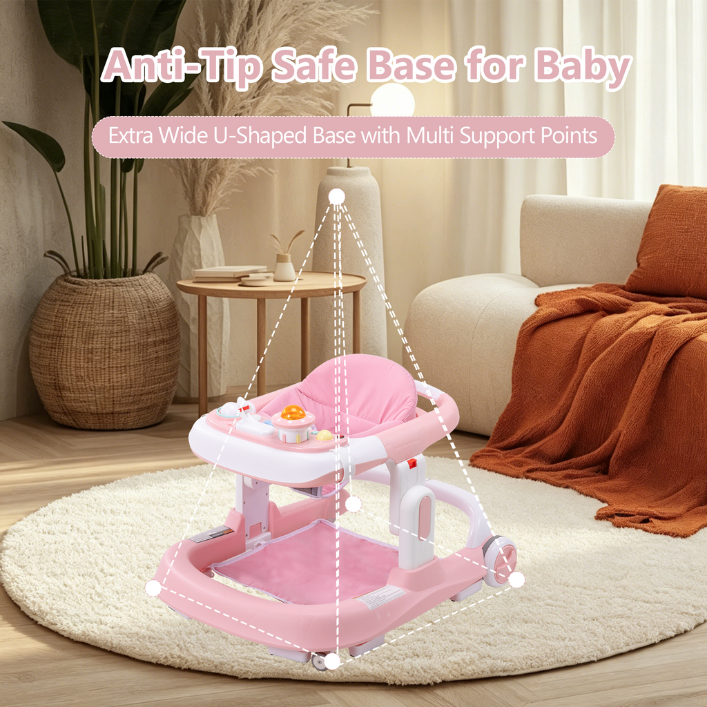 PRVAETU 4-in-1 Baby Walker with Wheels, Adjustable Height, Music and Light for Girls Boys Infant 6-18 Months