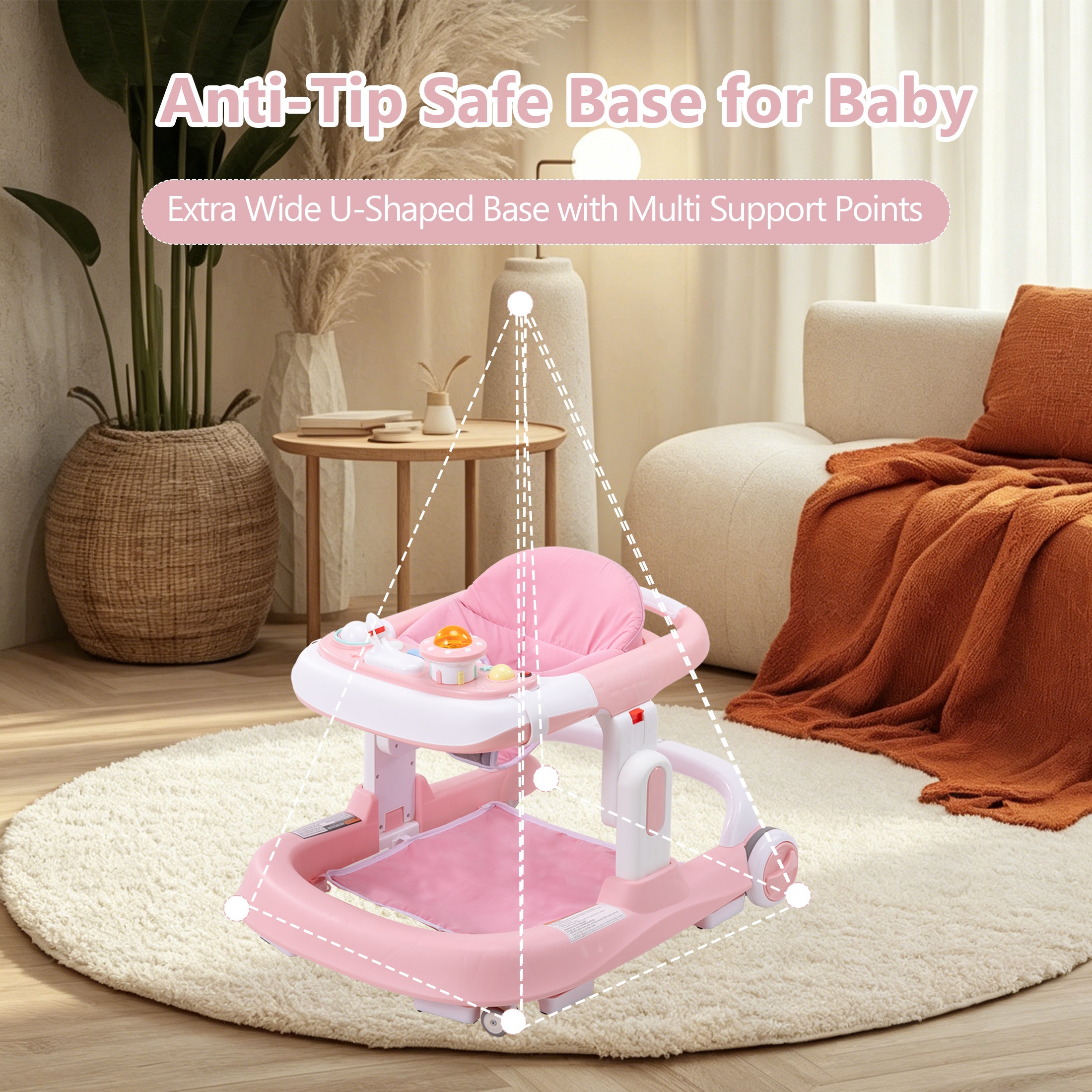 PRVAETU 4-in-1 Baby Walker with Wheels, Adjustable Height, Music and Light for Girls Boys Infant 6-18 Months
